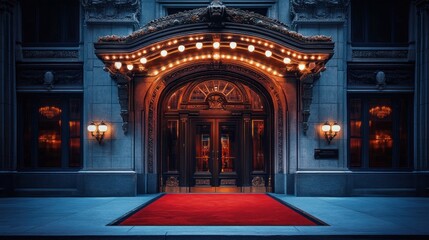 Obraz premium Ornate building entrance with lights and red carpet.