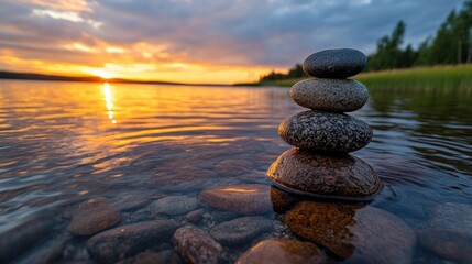 Calm lake sunset stones balance