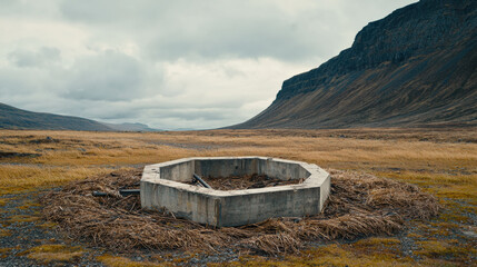 Obraz premium collapsed windmill foundation on barren plain, surrounded by mountains and cloudy skies, evokes sense of desolation and nature reclaiming