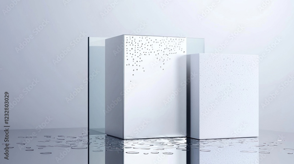 Poster white minimalist product display boxes on reflective surface