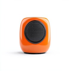 a small, orange, portable bluetooth speaker isolated on a white background