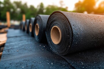 Rolls of black asphalt roofing material lined up on construction site at sunrise
