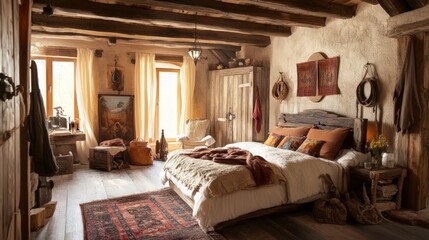 Cozy Rustic Bedroom with Natural Light and Warm Textiles Decor