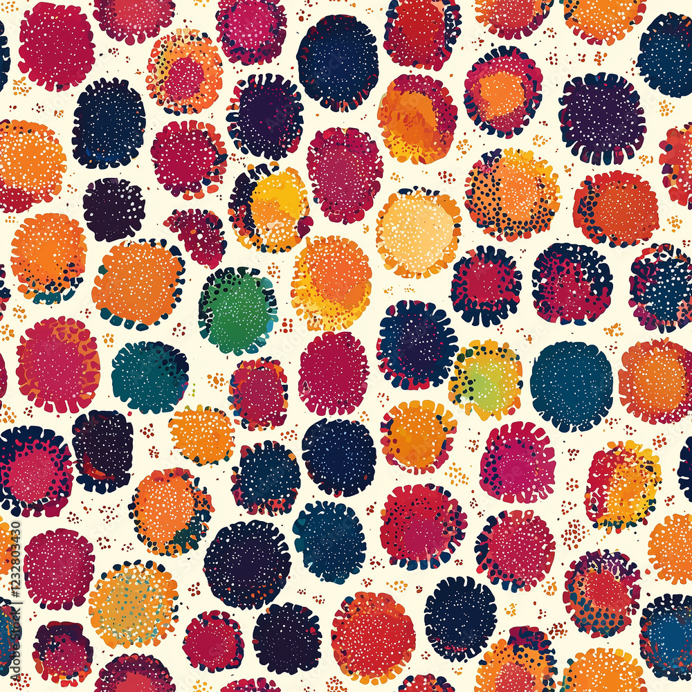 Poster colorful abstract pattern of circular shapes on a light background.