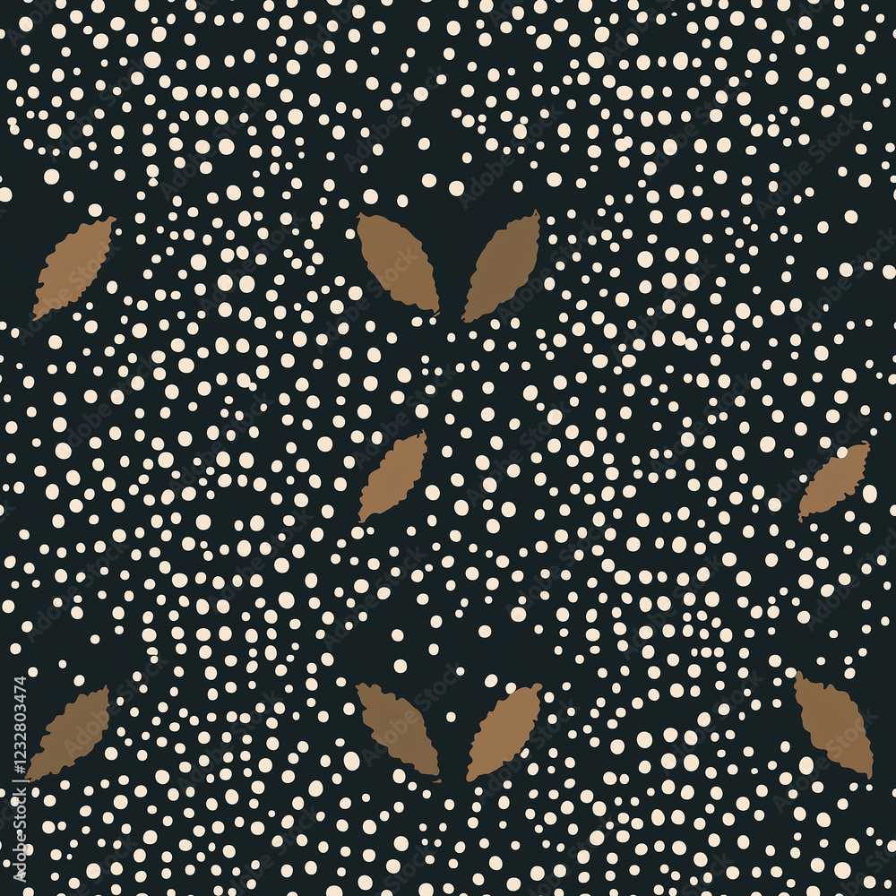 Poster dark patterned background featuring scattered dots and abstract leaf shapes in beige tones.