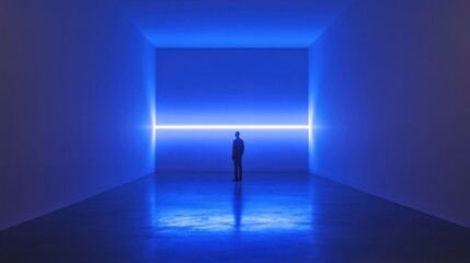 a person silhouetted against a vibrant blue light installation in a minimalist art gallery
