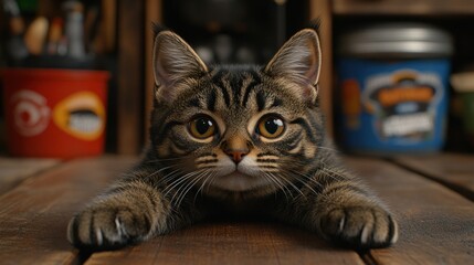 Curious tabby kitten on wood, workshop background
