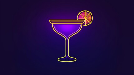 Vibrant neon cocktail glass with citrus slice glowing against a dark purple background at night. Generative AI