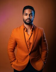 Obraz premium Elegant man in orange suit on monochrome background