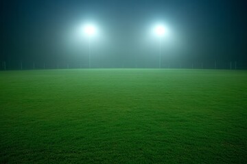 Naklejka premium Empty Sports Field at Night Under Bright Floodlights in Fog