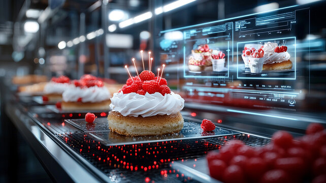 A futuristic dessert display in a bakery featuring digital screens showcasing cake ideas, garnished with raspberries