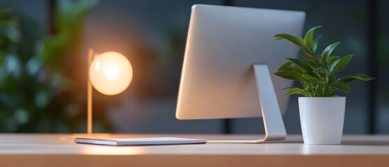 minimalist workspace with computer, lamp, plant, and notepad on wooden desk