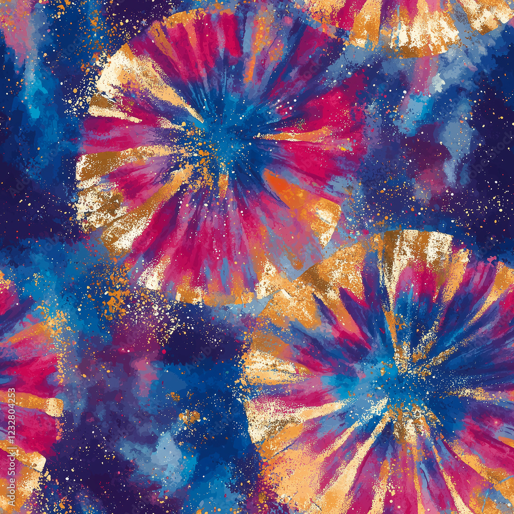 Poster vibrant abstract design with colorful circular patterns and gold accents on a dark background.