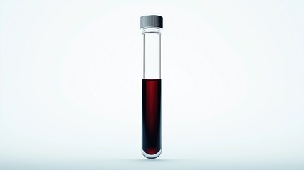 Test tube with blood on a white background. Closed test tube with gray plug.