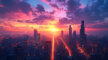 Fototapeta premium Vibrant sunset over cityscape, illuminating avenues, dramatic clouds