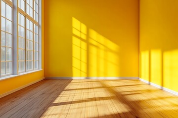 Obraz premium A luxurious living room boasts a modern design with yellow interiors, an empty wall, and wooden flooring, creating a friendly and warm atmosphere.