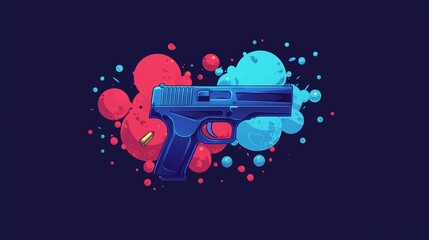 Naklejka premium Colorful graphic display of a handgun surrounded by blue and red splashes with a bullet lying beside it. Generative AI