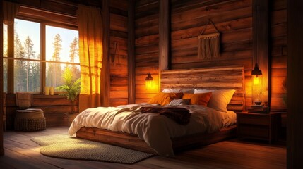 Cozy Rustic Bedroom with Warm Lighting and Wooden Decor Elements
