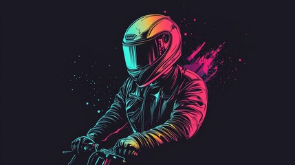 Rider in vibrant helmet navigating through neon-colored abstract landscape on motorcycle at night. Generative AI