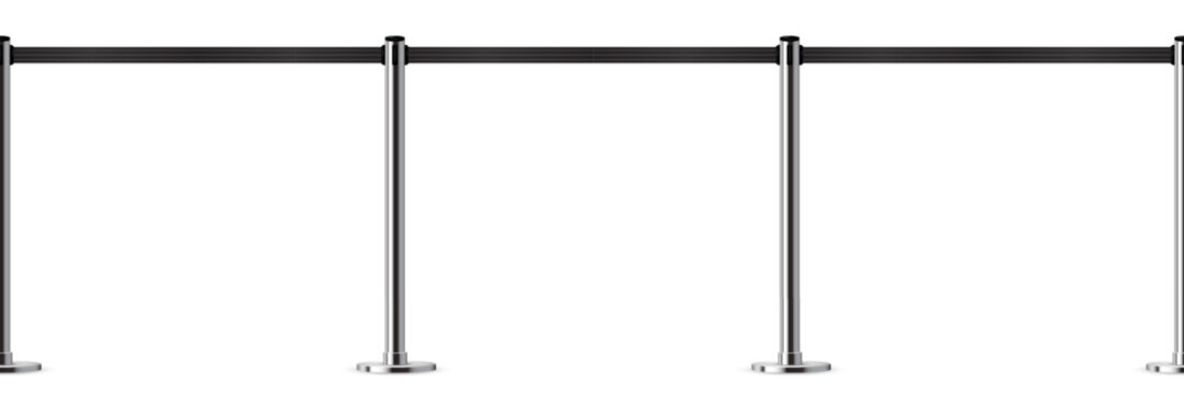 Seamless belt barrier with stanchions and red ropes. Security control metal pole post. Airport entry rail, zone chrome divider, vip barricade. Realistic vector illustration.