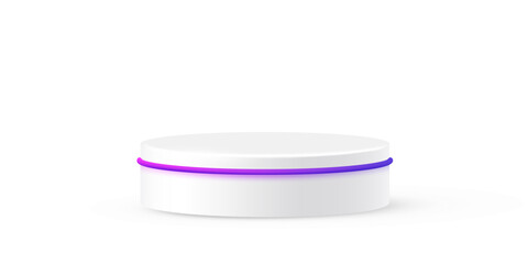 White round podium with glow neon line. Product display stand isolated on white background. Cosmetic showcase pedestal, platform, stage for product presentation. Realistic vector illustration.