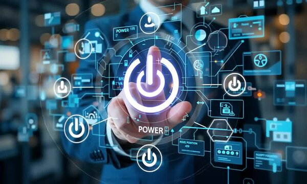 Business process and workflow automation with flowchart. Business and technology concept. Businessman push on power button to shows arranging processing management on virtual screen 