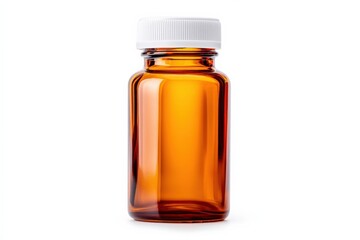 empty amber glass medicine bottle with white cap isolated on white background