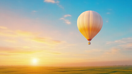 Obraz premium A vibrant hot air balloon soars over a vast, sunlit landscape with rolling hills and fields. Freedom, adventure, and travel concept.