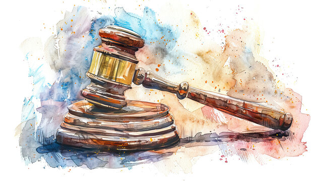 textured watercolor painted Law theme, gavel or mallet of the judge, lawyer enforcement officers,judge gavel icon vector. law icon vector. auction hammer,