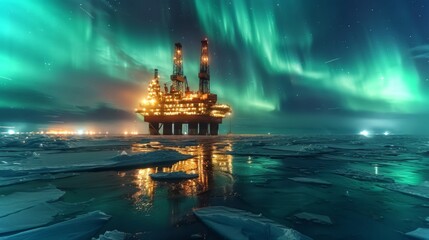 Obraz premium An oil rig stands majestically against the backdrop of colorful northern lights in the Arctic. Ice floats gently in the water, reflecting the bright hues of green and purple.