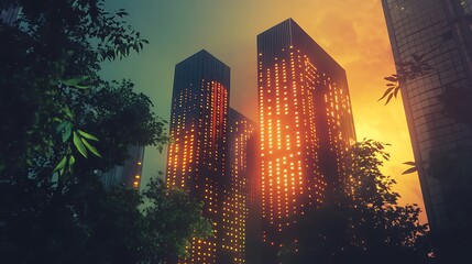 A modern high-rise with perforated glowing panels and lush greenery