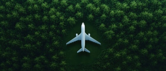 aerial view of a white passenger airplane flying over a dense green forest