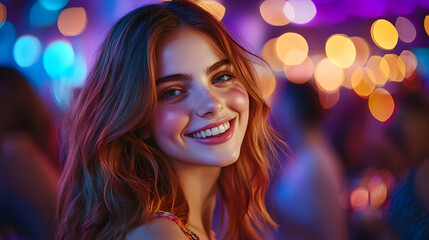 Joyful redhead dances in a nightclub, with colorful lights and a radiant smile.