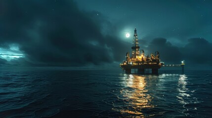 An offshore oil rig stands tall in the ocean at night, glimmering under the moonlight while dark clouds loom overhead and the water reflects the soft light.