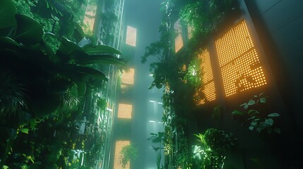 A modern high-rise with vertical gardens and glowing perforated panels