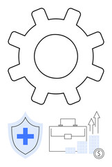 Large gear above a cross-inscribed shield, briefcase, and financial growth chart. Ideal for business strategy, insurance, technology, finance, security planning productivity. Line metaphor