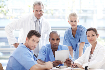 Tablet, medical and team portrait for healthcare, solidarity and collaboration in clinic. Face,...