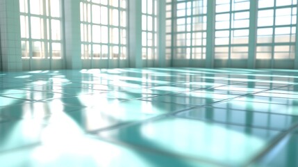 Sunlit Room with Shiny Teal Tile Floor and Windows