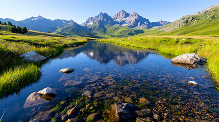 Fototapeta premium Mountain lake reflection, summer valley, clear water