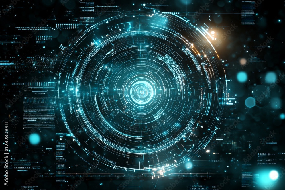 Poster futuristic digital interface with circular pattern and glowing elements