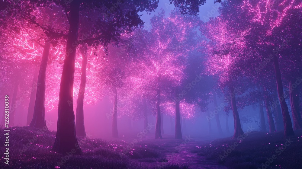 Poster glowing pink trees in a misty forest path
