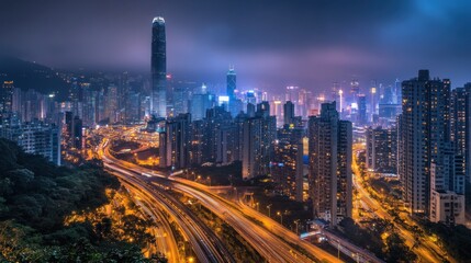 Obraz premium Nighttime Hong Kong Skyline Cityscape Highway Lights