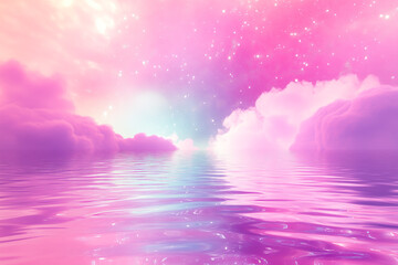 Dreamy Pink and Purple Seascape with Stars and Ethereal Clouds
