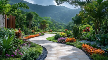 Naklejka premium Tropical garden path, winding, hillside, lush foliage, resort
