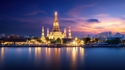 Illuminated Wat Arun Temple at Sunset Over River
