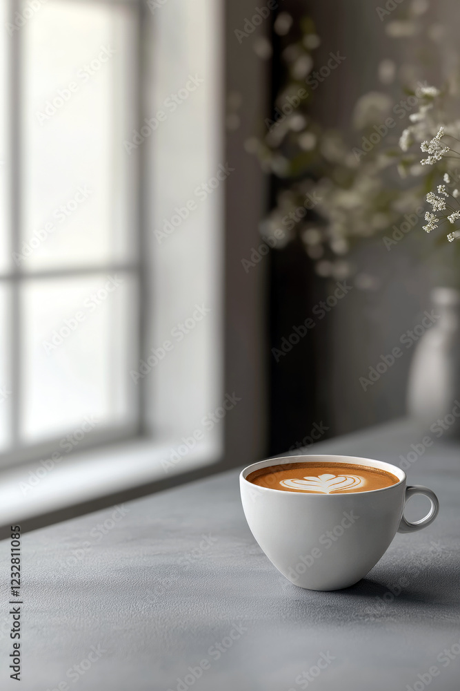 Poster side view of a simple espresso shot in a modern white cup, placed on a gray table with a blurred neu