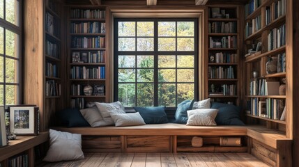 Cozy Reading Nook with Wooden Shelves and Soft Cushions by Window