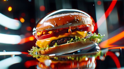 Glossy burger, futuristic backdrop, digital art, food ad