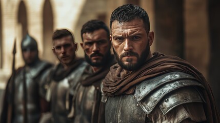 Fototapeta premium Cinematic still of men in ancient Roman armor standing next to each other.
