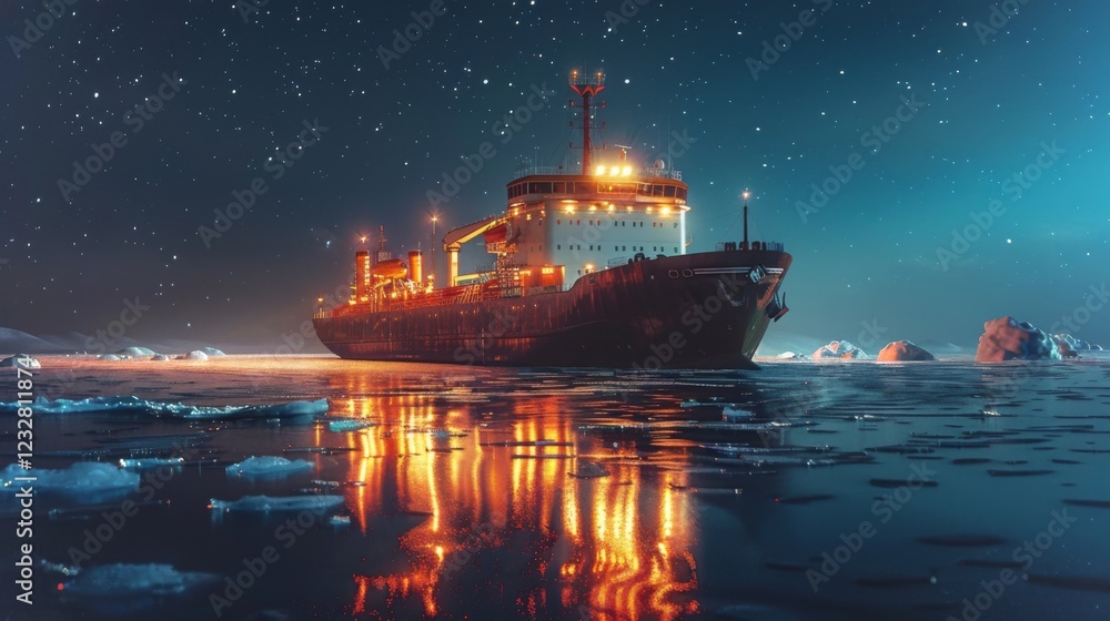 Poster a large vessel moves steadily through icy waters in a polar region at night, with bright lights illu